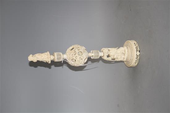 A 19th century Chinese carved ivory concentric ball on stand, height 35cm